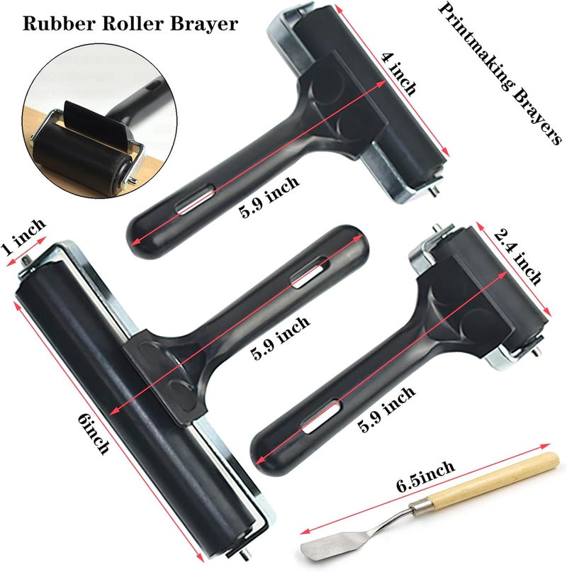 HRJZF Soft Rubber Brayer Rollers for Crafting Brayer Rollers for Printmaking Brayer Tool Paint Brush Ink Applicator Art Craft Oil Painting Tool 4 Pack (2.4 inch,4 inch,6 inch,1 Scraper) - Image 2